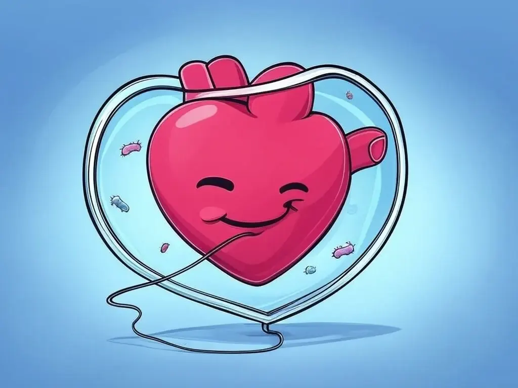 Person flossing with a heart symbol in the background